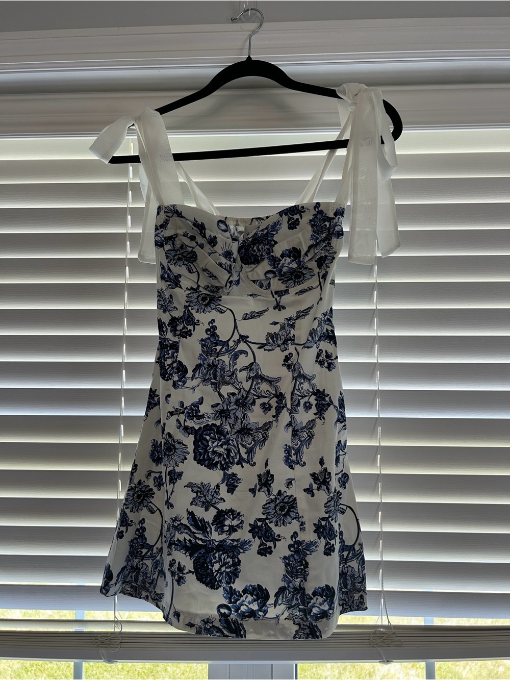 Hello Molly White Mini Dress with Blue Floral Print and Tie Shoulders